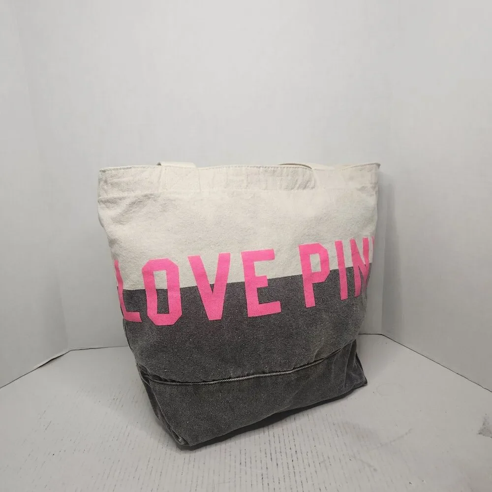 Victoria's Secret LOVE PINK Tote Bag Canvas/Gray Distressed Denim with Zipper